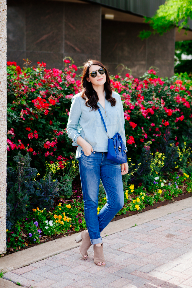Chambray top and boyfriend jeans on Kendi Everyday